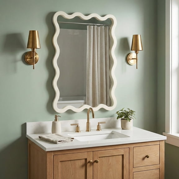 22"x30" Wavy Wall Mirror, Solid Wood Squiggle Mirror for Bathroom Vanity, Creamy White
