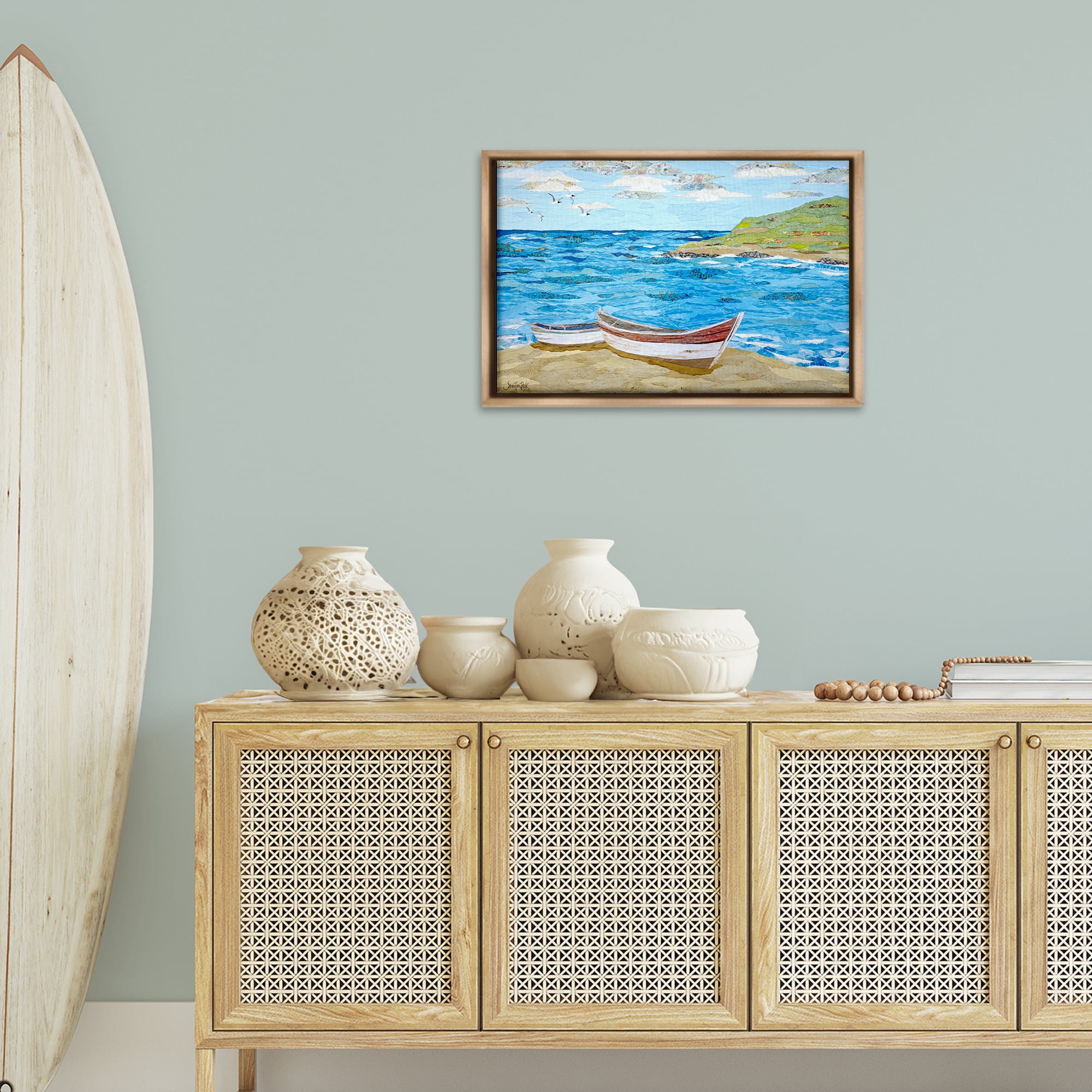 Stupell Industries Mykonos Docked Boat Landscape Painting Brown Floater Framed Canvas Art Print Wall Art, 25 x 17