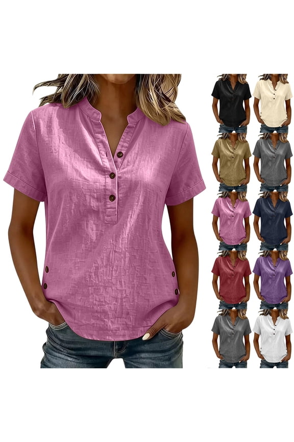 Womens Half Button V Neck Henley Shirts Loose Fit Casual Summer Short Sleeve Solid Color Tunic Tops Trendy Side Buttons Split Slit Blouses
