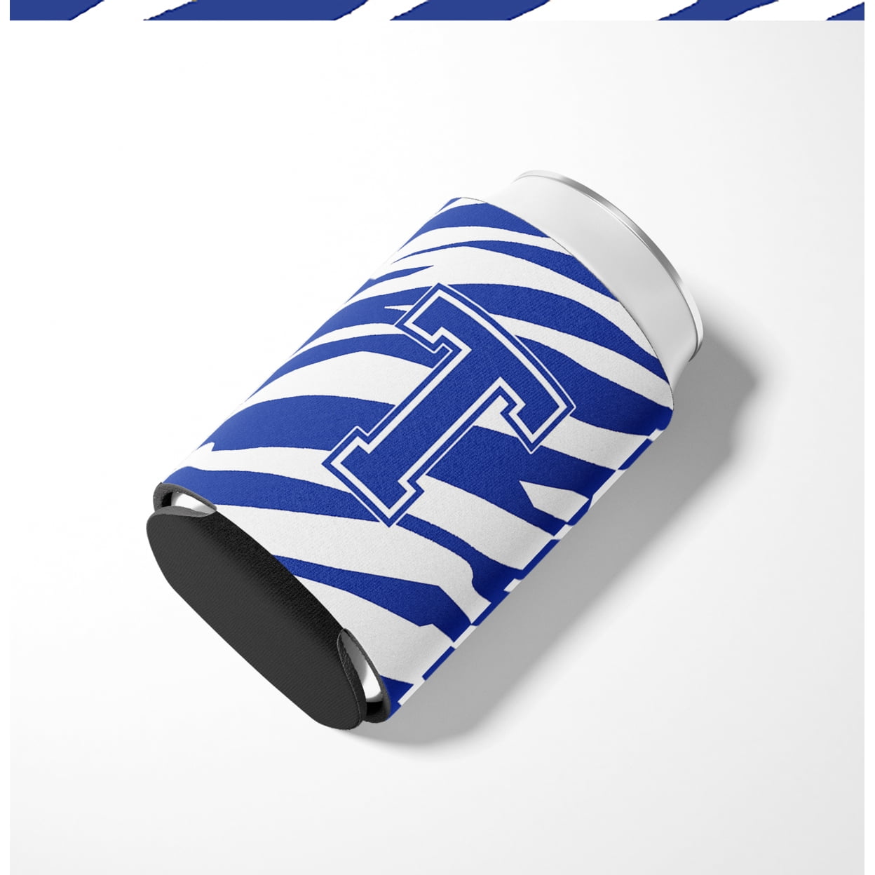 Letter T Initial Tiger Stripe Blue and White Can or Bottle Hugger