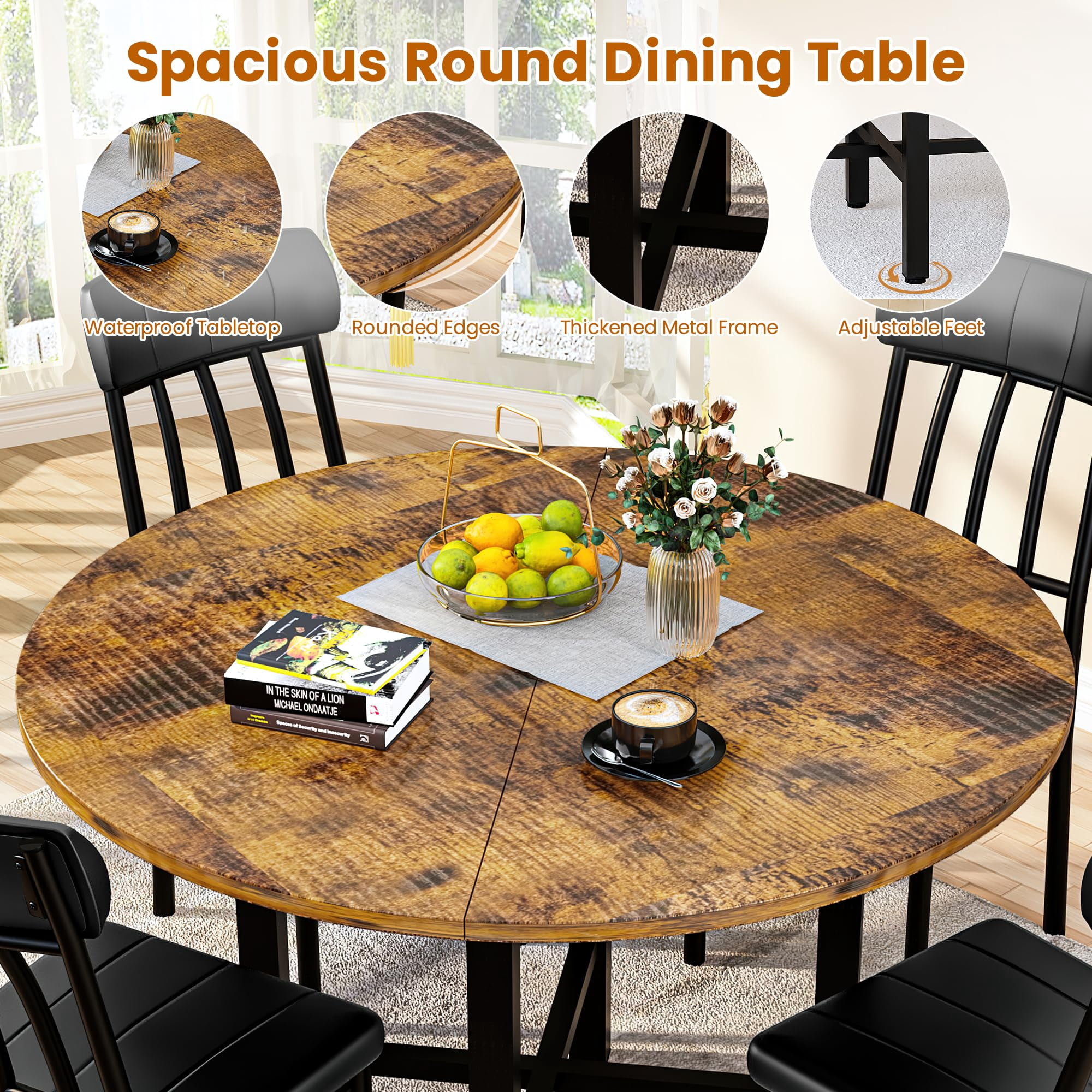 MOOSENG Round Dining Table Set for 4,Faux Marble Circle Dining Table Set with Chairs,Modern Kitchen Table and Chairs Set for 4,Round Dinner Table & Chair Set for Small Space