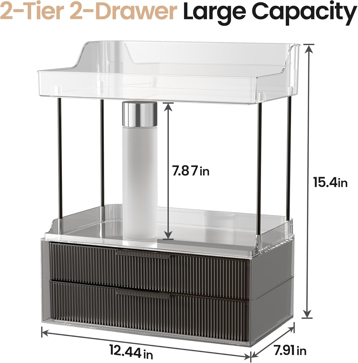 2-tier Vanity Organizer, Delamu Bathroom Countertop Organizer 2 Drawers, Multi-Purpose Makeup Organizer Countertop Cosmetics, Black