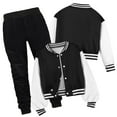 thumbnail image 2 of CAICJ98 Boys Girls Sweatsuits 2 Piece Fall Winter Outfits Toddler Kids Color Block Long Sleeve Button Down Top Varsity BaseBall Jacket and Sweatpants Clothes Set (Black,13-14 Years), 2 of 5
