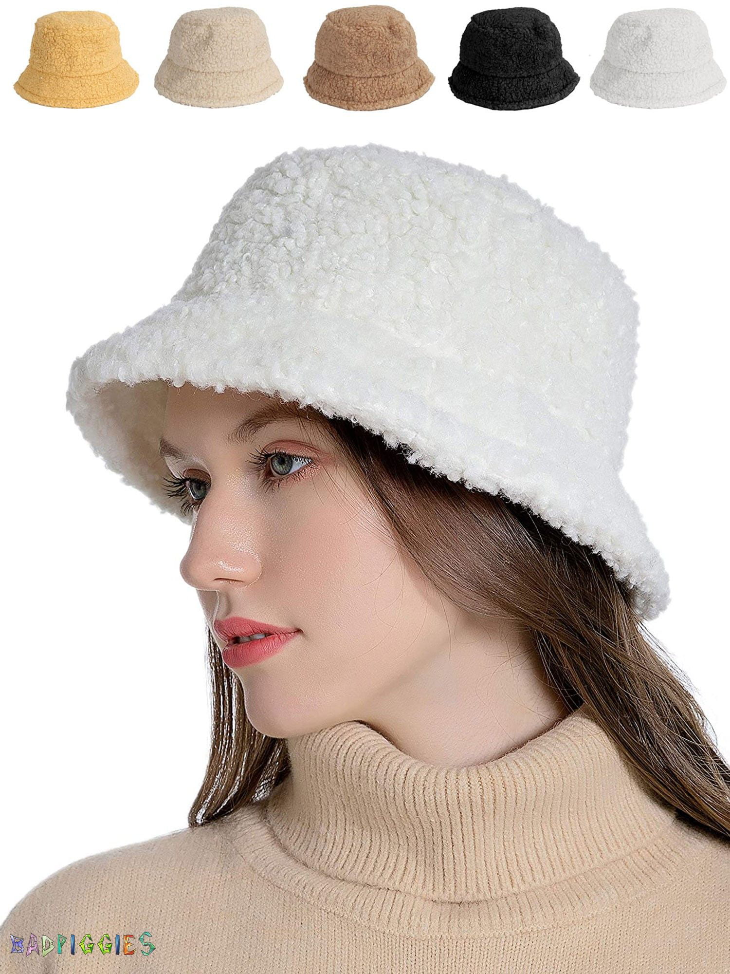 Women Fluffy Winter Bucket Hat Soft Furry Faux Wool Fisherman Hat Vintage Ladies Wool Felt Cloche Hat Thicken Warm Plush Faux Head Cover 58cm