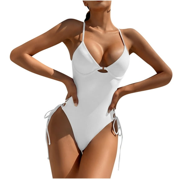 Clearance under $5 JINMGG 2025 Bikinis for Women Clearance Women Multi Color Solid Color High Waist Conjoined Body Swimsuit Bikini White M