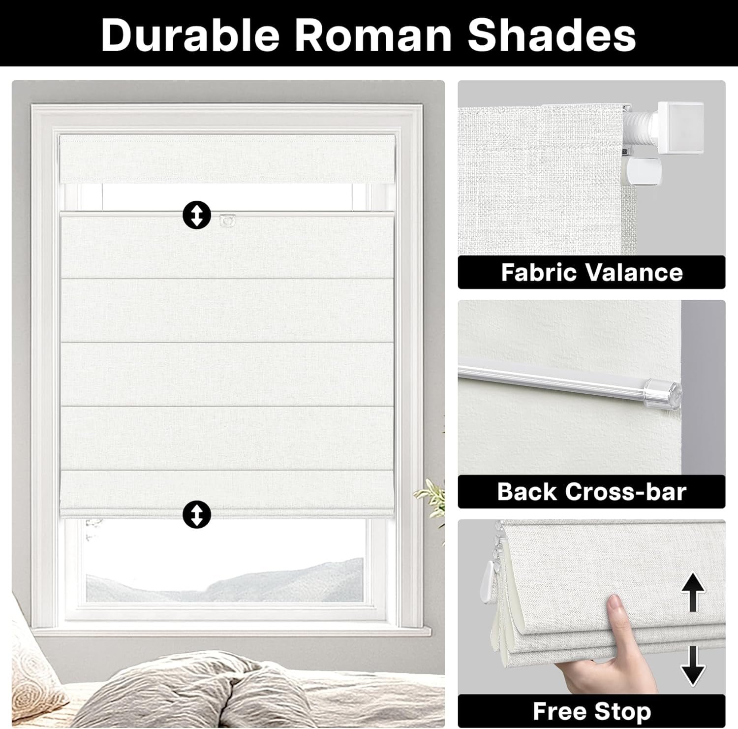 LazBlinds No Tools No Drill TDBU Cordless Roman Shades for Window, Thermal Insulated UV Blocking, 100% Blackout Fabric Blinds for Bedroom & Living Room, 40"W x 64"H, Blackout - White