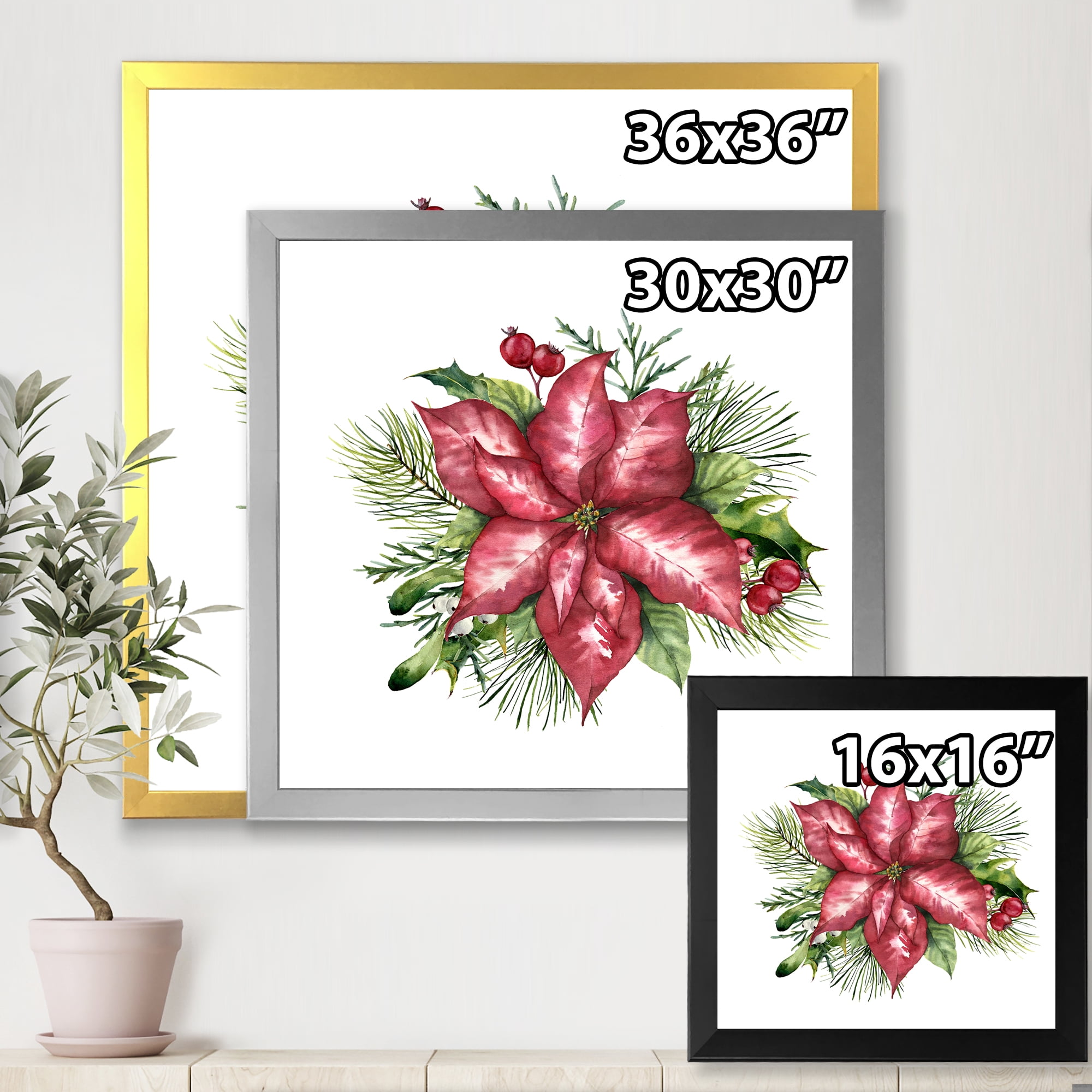 Designart 'Christmas Fir Branch and Holly Mistletoe Berries III' Traditional Framed Art Print
