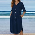 thumbnail image 2 of Robes Décontractées pour Femmes, Couleur Unie, Boutonnée, Col en V, Col à Revers, Robe Midi, Manches Longues/courtes, Robe Chemise avec Poches, 2 of 7