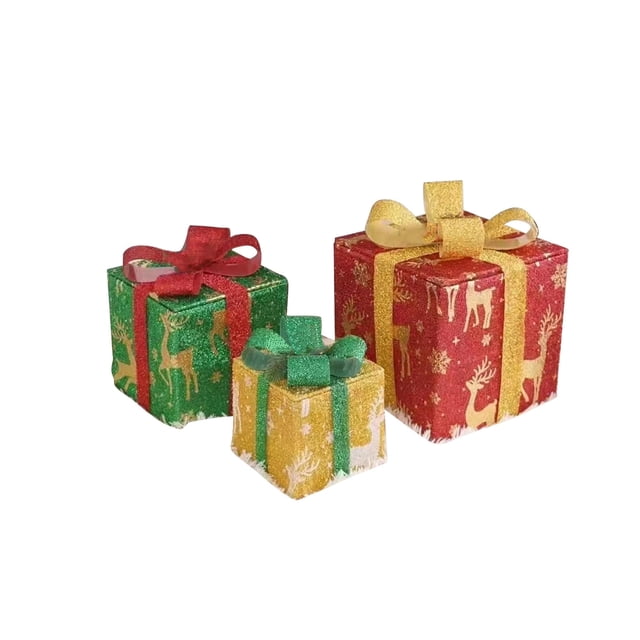 Boîte de Noël Télécommandée, Ensemble de 3 Décorations Extérieures à LED, Boîte Cadeau de Noël pour Cour Extérieure