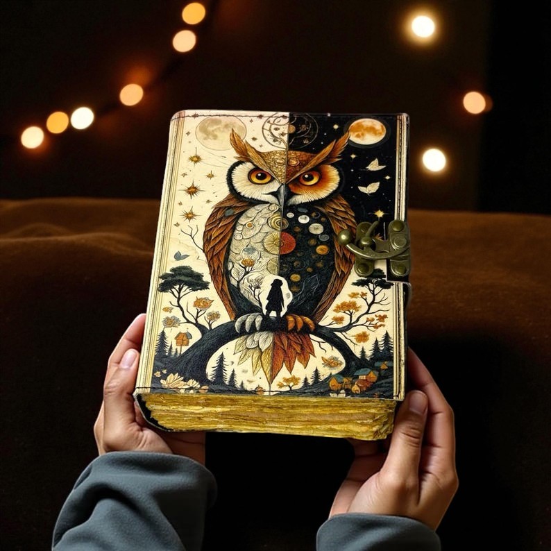 Owl Leather Journal – Gothic Grimoire Book of Shadows – size 5x7 Inch | 200 Pages Handmade Paper | Locking Diary |