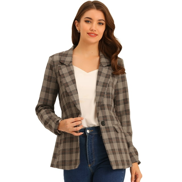 Blazers para mujer Chaqueta tipo blazer a cuadros con solapa con muesca Boyfriend Marrón Claro M