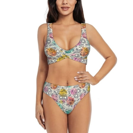 Zeuib Skull and Flowers High Waisted Tummy Control Bikini Set - Knot Front Push Up Top & Cheeky Thong Bottom  Two-Piece Swimsuit for Women-X-Large