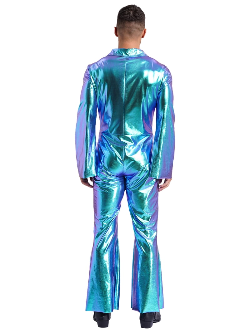 【70s】ビンテージ ディスコ・スーツ セットアップ スカイブルー 超希少！ Eandarui Men's 70s Disco Metallic Shiny Jumpsuit Costume Flare