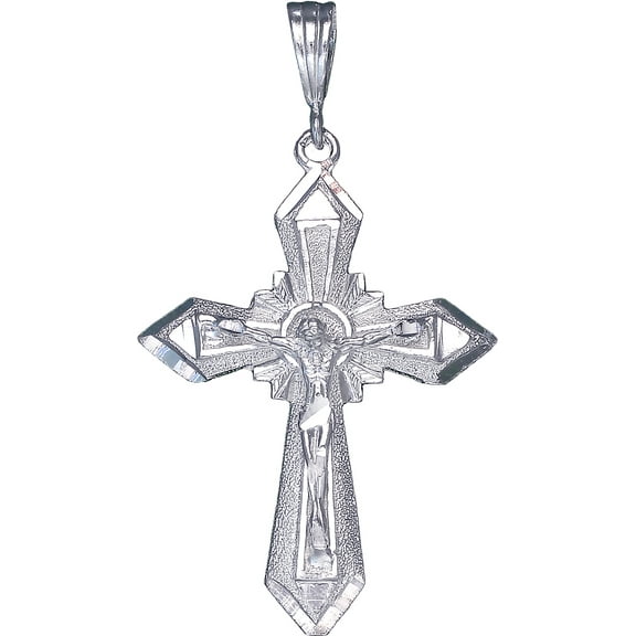 Sterling Silver Cross with Jesus Pendant Necklace Diamond Cut Finish and Chain