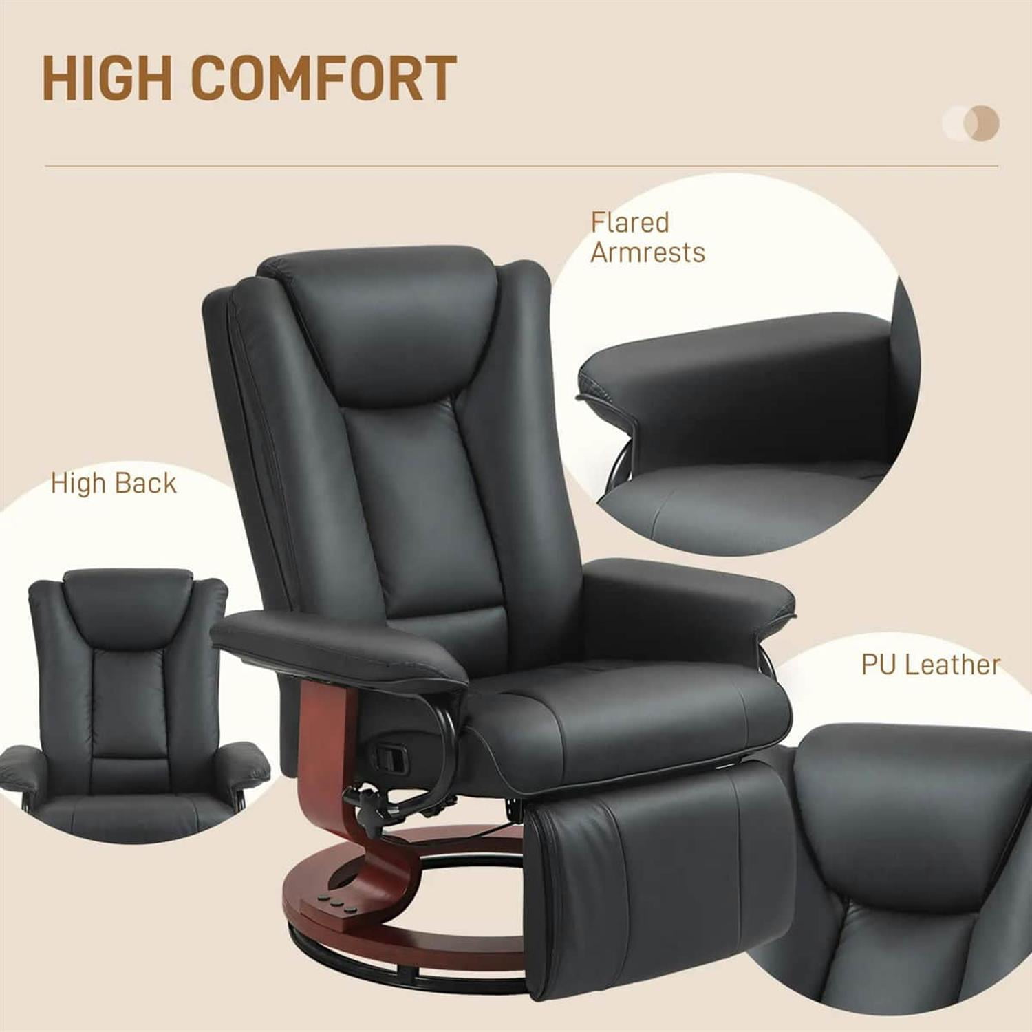 Demi Bonn 40" Modern RV Recliner, High-Quality PU Leather Swivel Armchair with Footrest for Living Room, Black