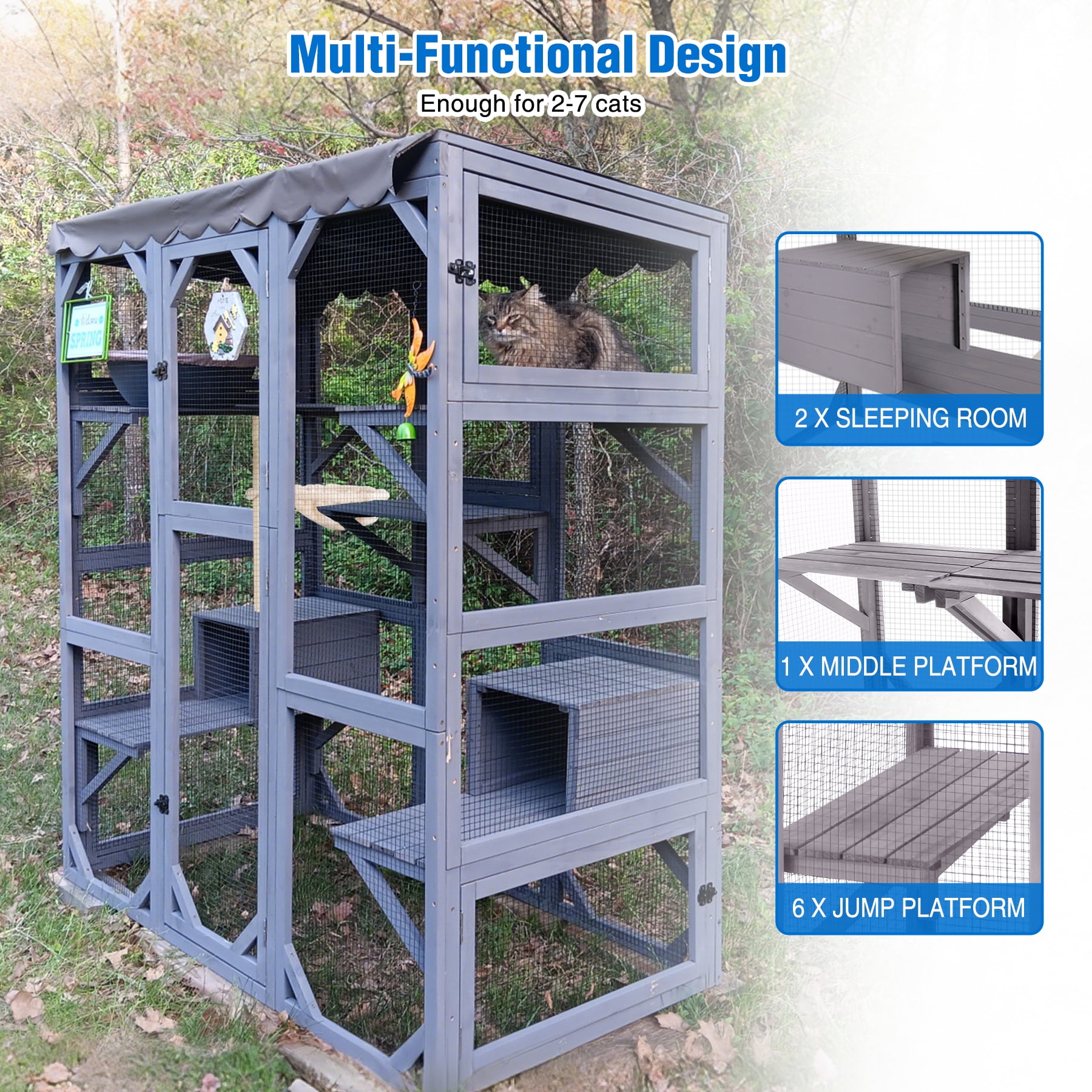 Suumerpety Catio Outdoor Cat Enclosure 70" Large Wooden Cat House with Weatherproof Roof & 7 Platforms & 2 Condons Window Catio for Indoors and Outdoors Gray
