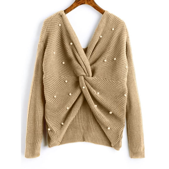 IROINNID Reduced Pullover Sweater for Women Knitted Lazy Style V-neck Pullover Stylish Slim Fit Fall Sweater,Beige