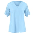 thumbnail image 5 of Women's Lace Trim T-Shirt, Deep V Neck Short Sleeve Loose Fit Casual Top, Soft Stretchy Blouse for Summer, Travel, Daily Wear and Elegant Outfits-Light Blue, 5 of 5