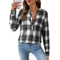 thumbnail image 2 of Women'S V Neck Plaid Shirts Dressy Casual Button-Down Business Work Boho Tops Long Sleeve Fall Outfits Black & White L, 2 of 9