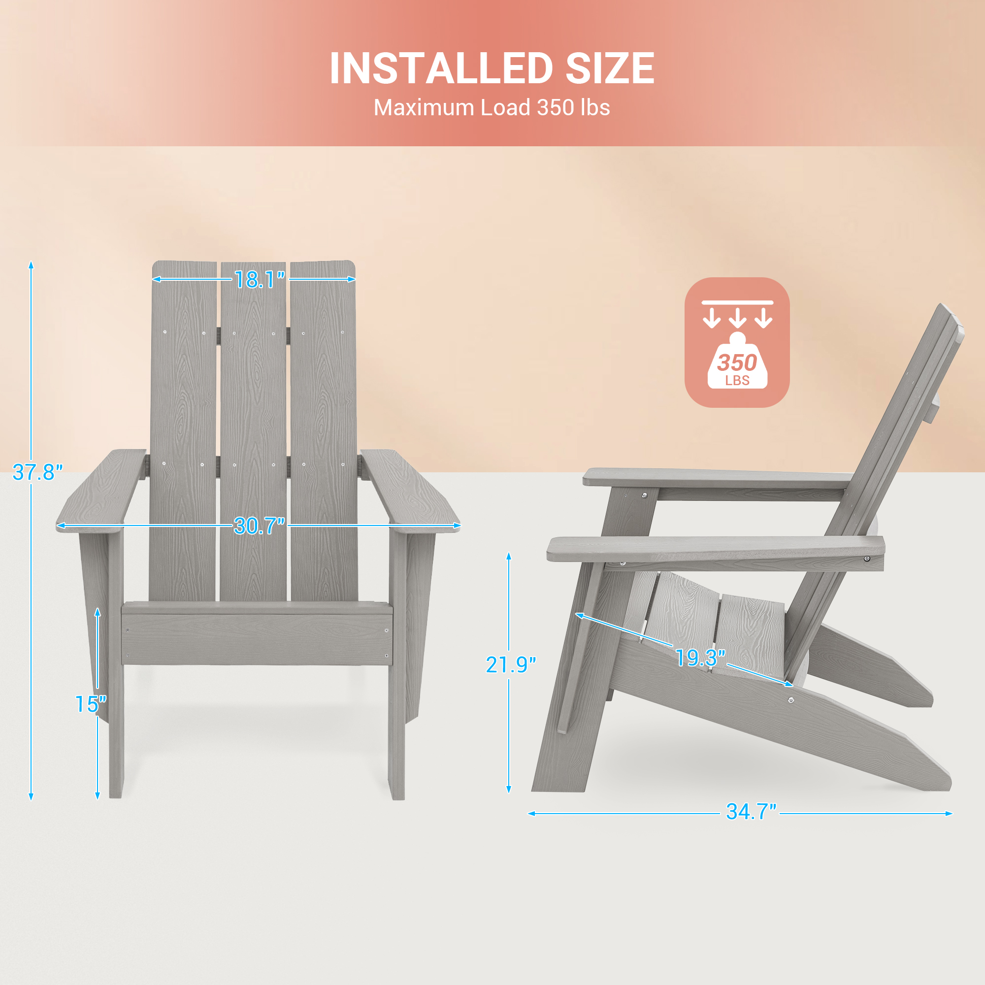 CHYVARY 1 Peak Adirondack Chair, Patio Outdoor Plastic Resin Furniture,Light Gray - image 5 of 7