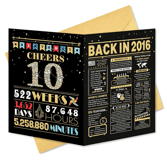 CCOCC 10Th Birthday Card,8×13” with Envelope & Stickers,Black Gold | Back in 2016,10Th Birthday Decorations for Girls Boys,400Gsm Thick Cardstock,Funny Gifts Idea for Daughter Son