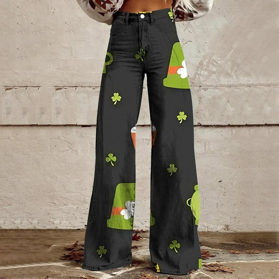 Black Women's Casual Pants, Wide Leg Pants Woman High Waist Floral Patterned Pants Lightweight Loose Fit Casual Colorful Trouser Imitation Jeans,Women's Casual Pants M