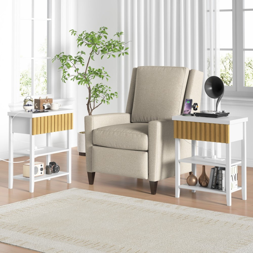 Fluted Nightstand with Charging Station, 2 USB Ports & 2 AC Outlets, Farmhouse Bedside Table with Drawer & 2 Open Shelves, White