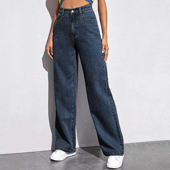 Fartey Straight Leg Jeans for Women High Waisted Wide Leg Denim Pants Loose Stretchy Boyfriend Jeans Baggy Jean with Pockets Dark Blue L