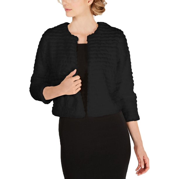 Calvin Klein Womens Petites Faux Fur Soft Shrug Black PM