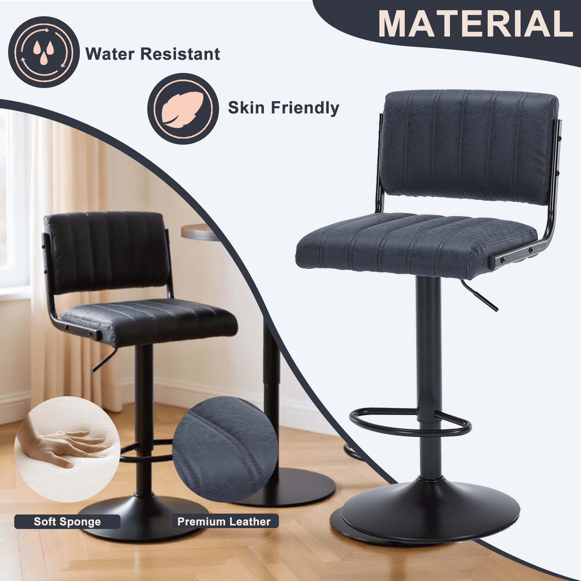 ENYLAY Adjustable Swivel Bar Stools Set of 4, Modern Faux Leather Counter Height Bar Chairs with Mid Back & Footrest for Kitchen Island Home Bar Pub, Black