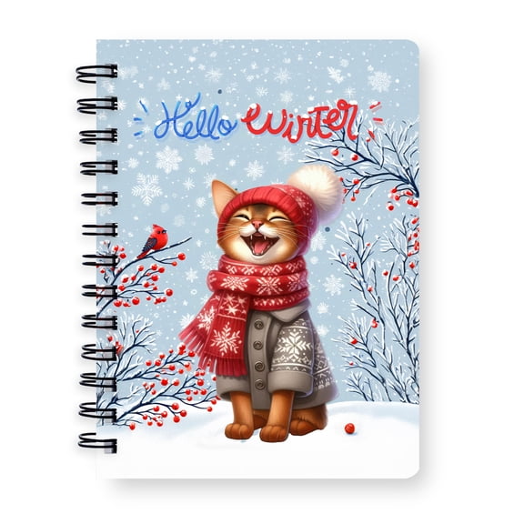 Hello Winter Abyssinian Smiling in Red Scarf Hat Welcome Christmas Spiral Bound Journal Cat Lover Kitten Owner Gifts 5x7in Spiral Notebook - 00017