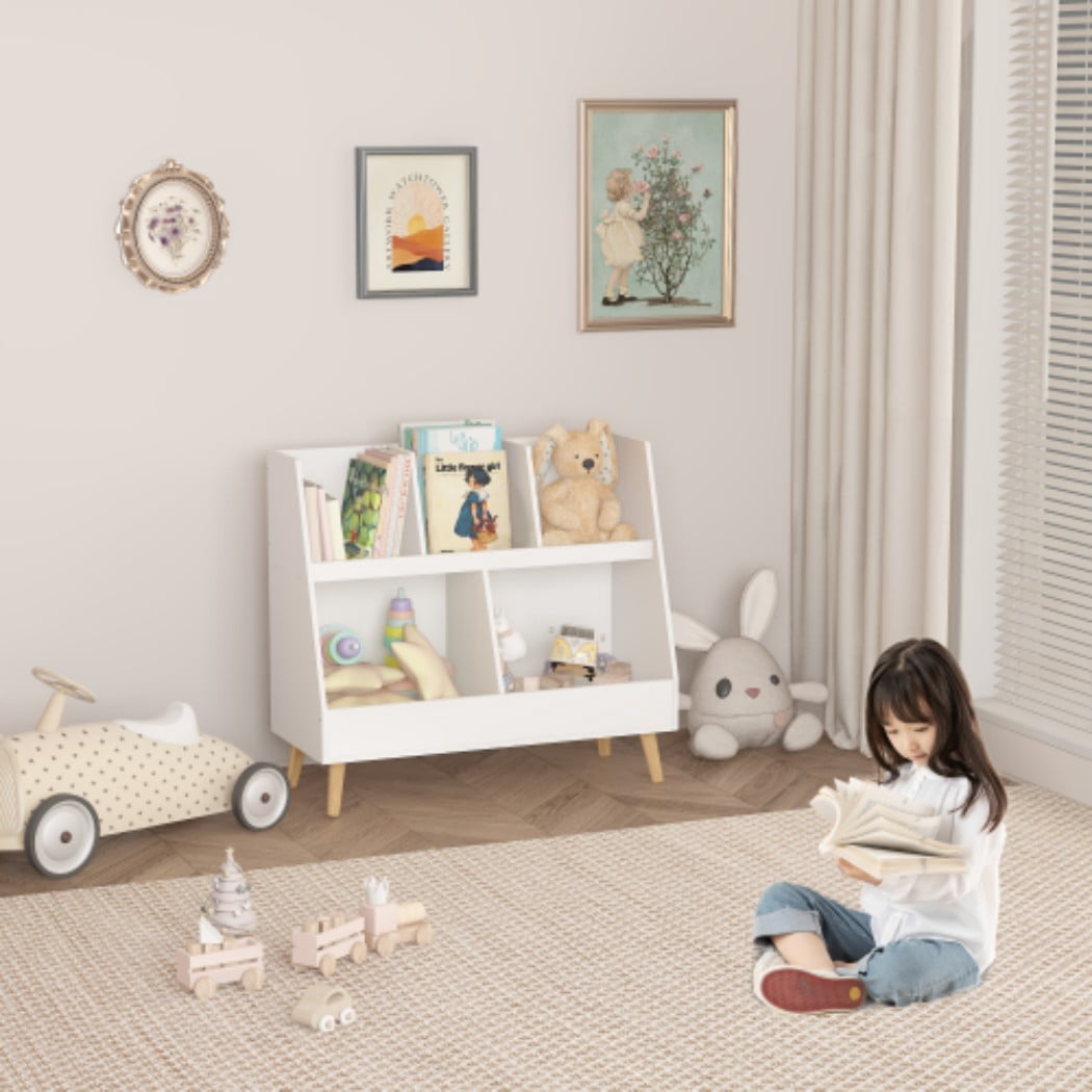 Kids Bookshelf and Toy Organizer, 5-Cubby Wooden Open Bookcase with 2 Large Storage Bins, 2-Tier Baby Storage Display Shelf with Pine Legs for Bedroom, Nursery & Playroom, White