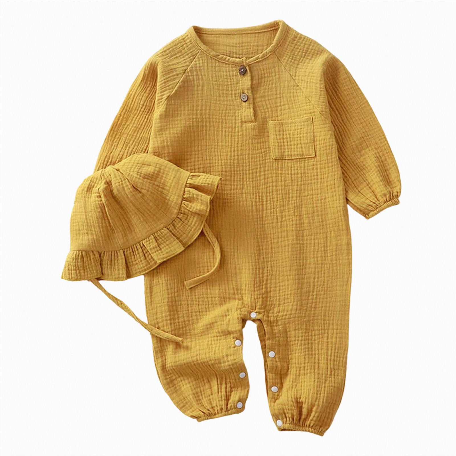 HCNTES Onesies Baby Boy Infant Linen Long Sleeve Rompers Button Down Clothes With Ruffled Bonnet Hat Sleepwear