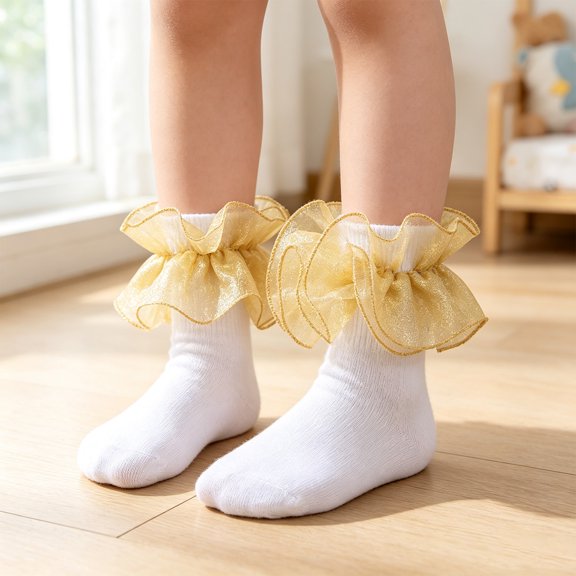 CHCNHAC 3 Pairs Girls Gold Ruffle Lace Socks, Soft Cotton Frilly Ankle Socks for Toddlers Kids, Cute Fashion Dress Socks for Daily Wear Parties Gifts