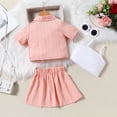 thumbnail image 4 of GYRATEDREAM Toddler Baby Girl 3Pcs Outfit Short Sleeve Lapel Shirt Coat + Spaghetti Strap Camisole + Pleated Skirt Set Kids Spring Summer Clothes Pink for 18M-6T, 4 of 8