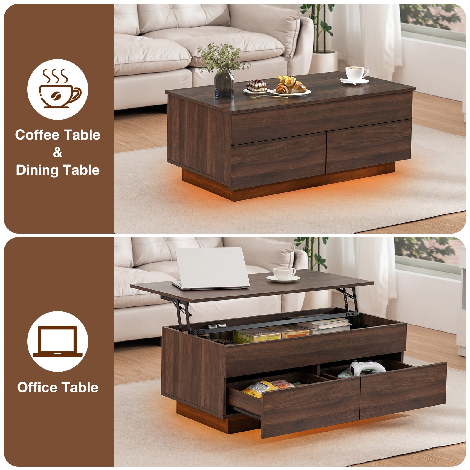 Hommpa LED Coffee Table with Lift Top and 2 Drawers, Hidden Compartment for Living Dining Room Walnut Sofa Side End Table
