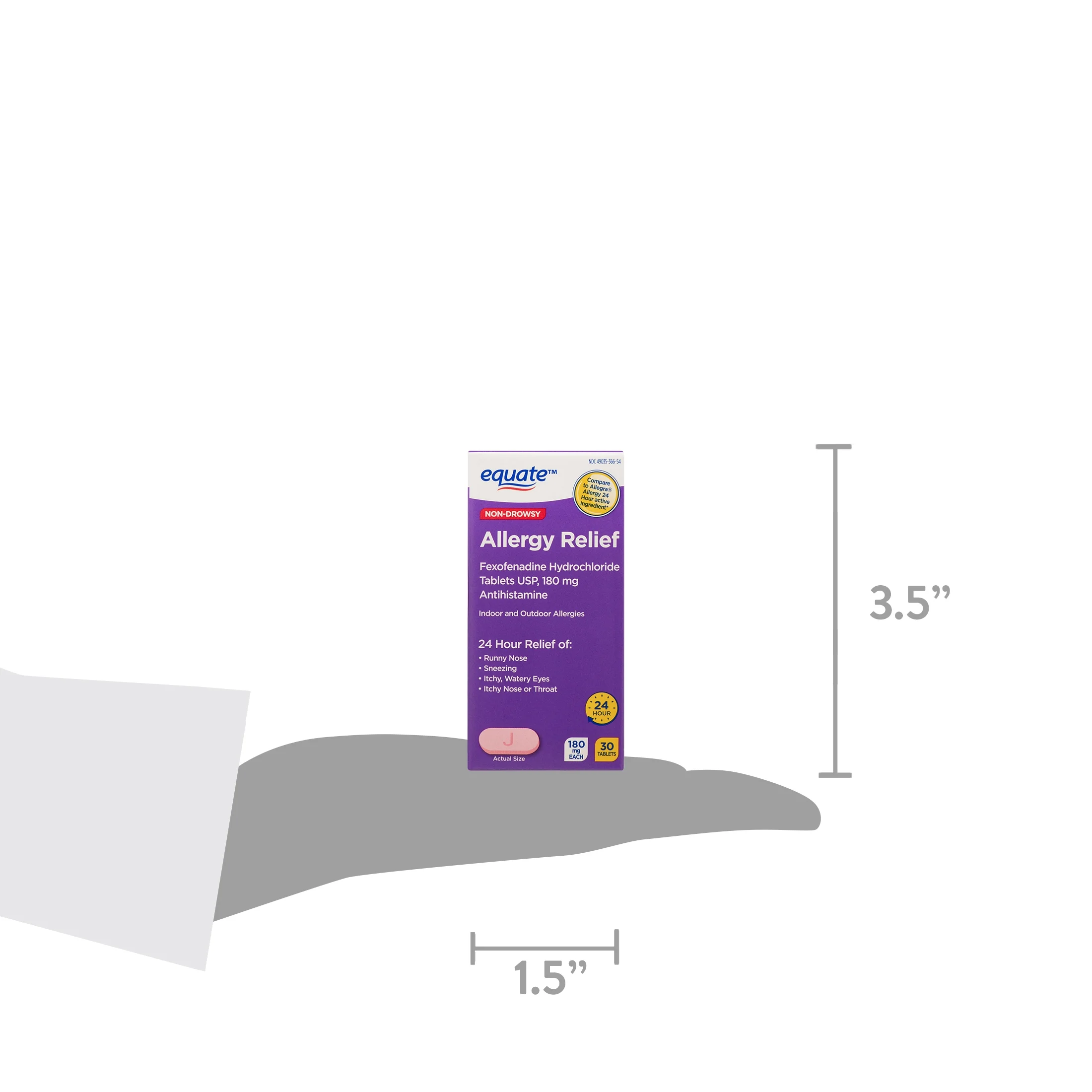 Equate Fexofenadine Hydrochloride USP Non-Drowsy Allergy Relief Tablets, 180 mg, 30 Count, Compare to Allegra® Allergy 24 Hour Active Ingredient