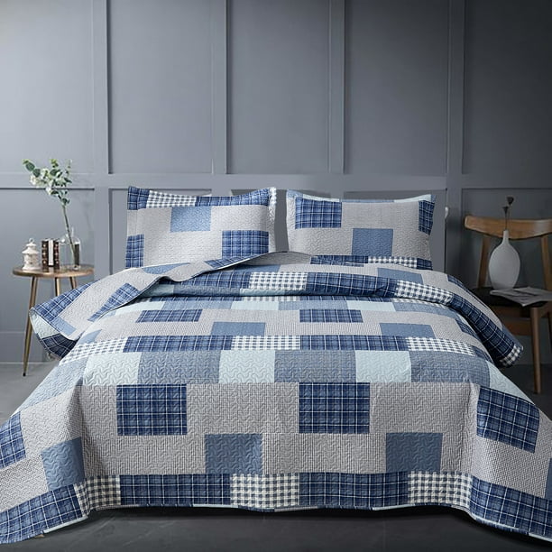 ARL HOME Quilt Set Queen Size Plaid Patchwork Microfiber Lightweight