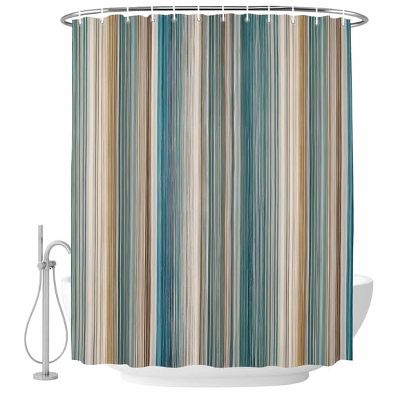 Small Stall Shower Curtain 36x78 Inch Narrow Half Size Teal Brown Striped Bath Curtains Bathroom Decor, Farmhouse Boho Geometric Lines Waterproof Fabric Shower Curtain Set with Hooks 36 Inch