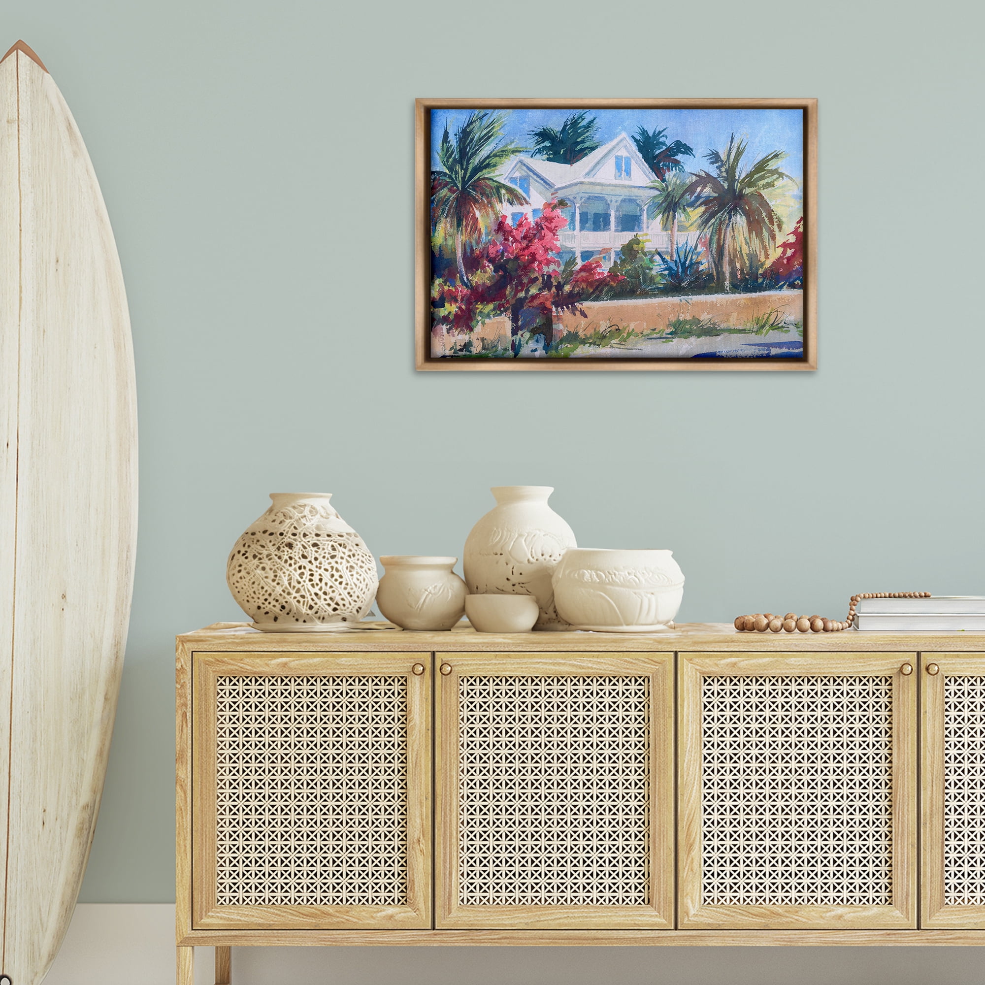 Stupell Industries Palm Tree Cottage Landscape Painting Brown Floater Framed Canvas Art Print Wall Art, 31 x 21