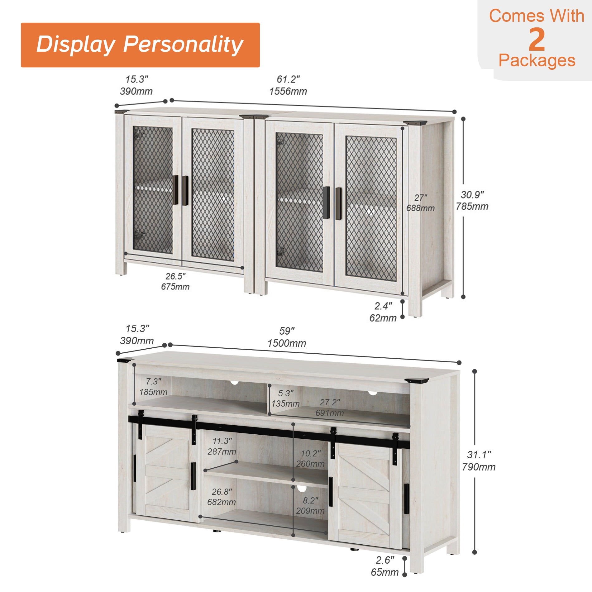 WAMPAT 2 in 1 TV Stand set for ups to 100 inch TV,Farmhouse Entertainment Center with Sliding Barn Door,Media TV Console Table with Adjustable Shelf for Living Room Bedroom，Antique White
