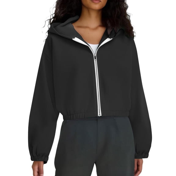 Women's Fashion Solid-Color Hooded Jacket Short-Length Zipper Sweatshirt Outerwear