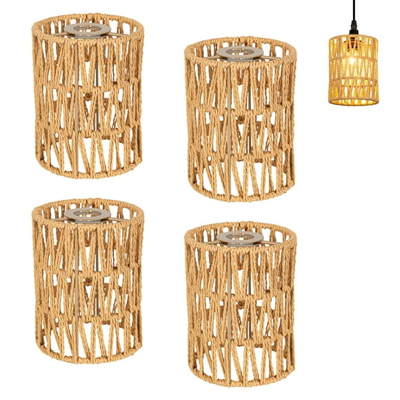 FSLiving 4-Packs 4.7" Brown Industrial Metal Lamp Shade Replacement, Twine Natural Bohemian Hollow-carved Designed Rattan Cylindrical Vintage Cover, DIY for Torchiere Pendants Table, Swag Lamp