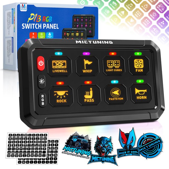 MICTUNING P1B RGB 8 Gang Switch Panel, Multifunction Toggle Momentary Flash Strobe Pulsed Switch Pod with Backlit Off, 5-Level Brightness Circuit Control Relay Syste