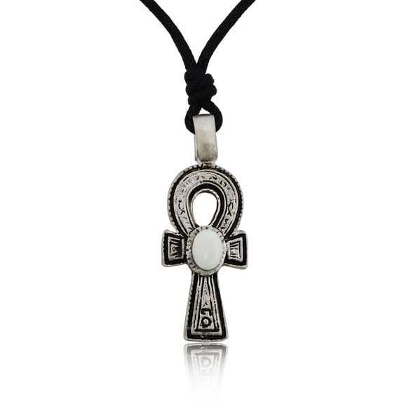 Egyptian Ankh Real Opal Silver Pewter Charm Necklace Pendant Jewelry With Cotton Cord