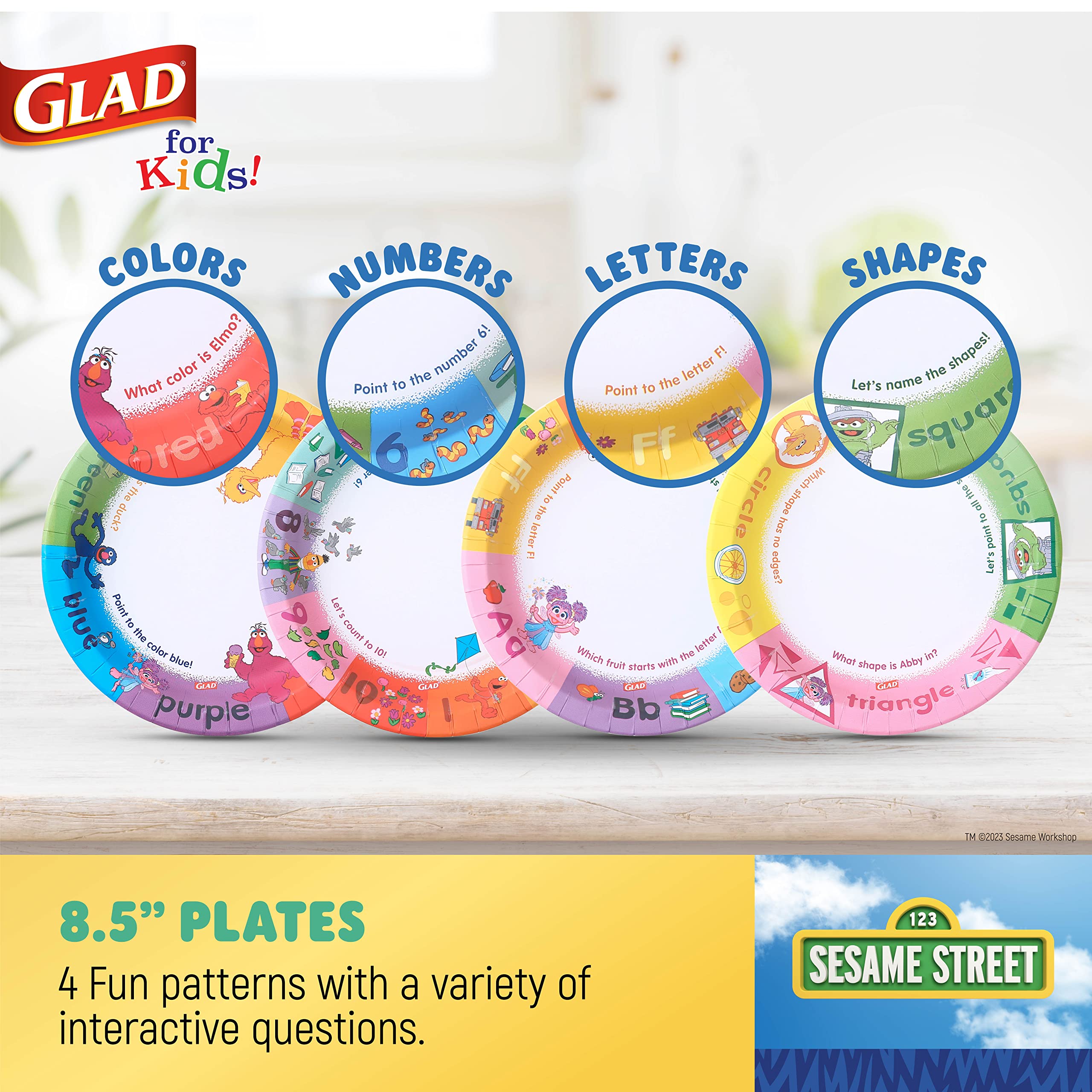 Glad for Kids Sesame Street Paper Plates Preschool Curriculum Style with Lessons & Questions, 8.5 Round, 48ct | Sesame Street Paper Plates, Kids Disposable Plates | Elmo Paper Plates