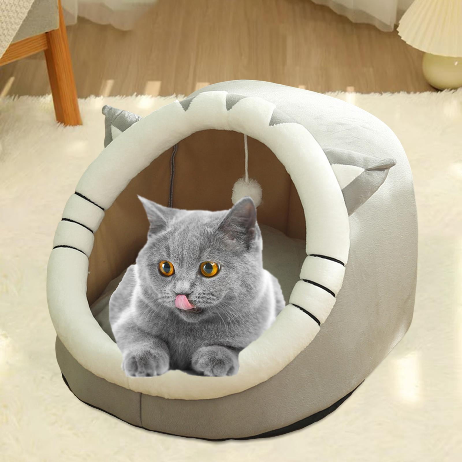 Cute Cave Bed with Ball Slip Bottom Furniture Warm Dog Basket Soft Hideout Portable Pet House Nest for Puppy Indoor Cats Rabbit Kitten , 35x35x31cm Gray