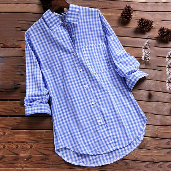 Aloohaidyvio Short Sleeve Womens Tops,Womens Casual Loose Plaid Long Sleeve Pockets Plus Size Tanic Blouse Tops Shirt