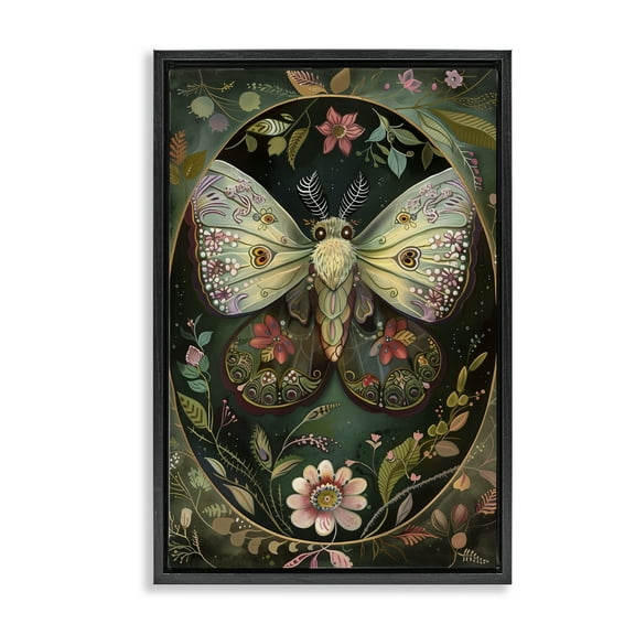 Stupell Industries Green Toned Victorian Moth Floral Painting Black Floater Framed Canvas Art Print Wall Art, 17 x 25