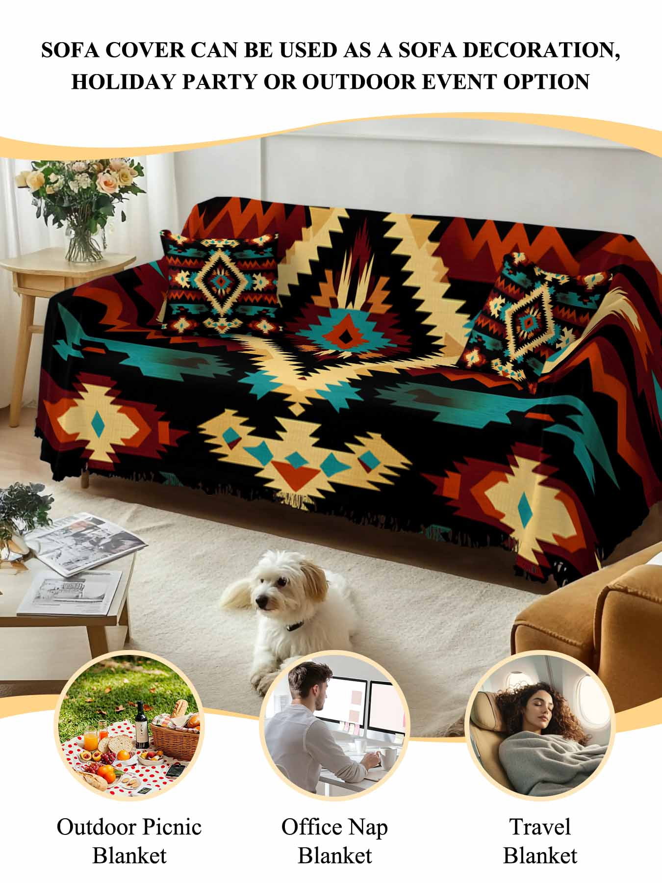 Boho Orange Teal Couch Cover, Vintage Geometric Southwestern Ethnic Sofa Cover Blanket for 3 Cushion Couch,Sectional Sofa Slipcover Furniture Protector for Living Room Bedroom 71''x134''